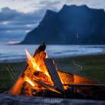 Evening campfire at Utakleiv beach, Lofoten Islands, Norway