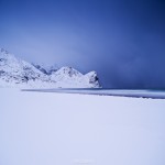 Snow covered Unstad Beach in Winter, Lofoten islands, Norway