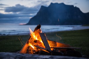 Evening campfire at Utakleiv beach, Lofoten Islands, Norway