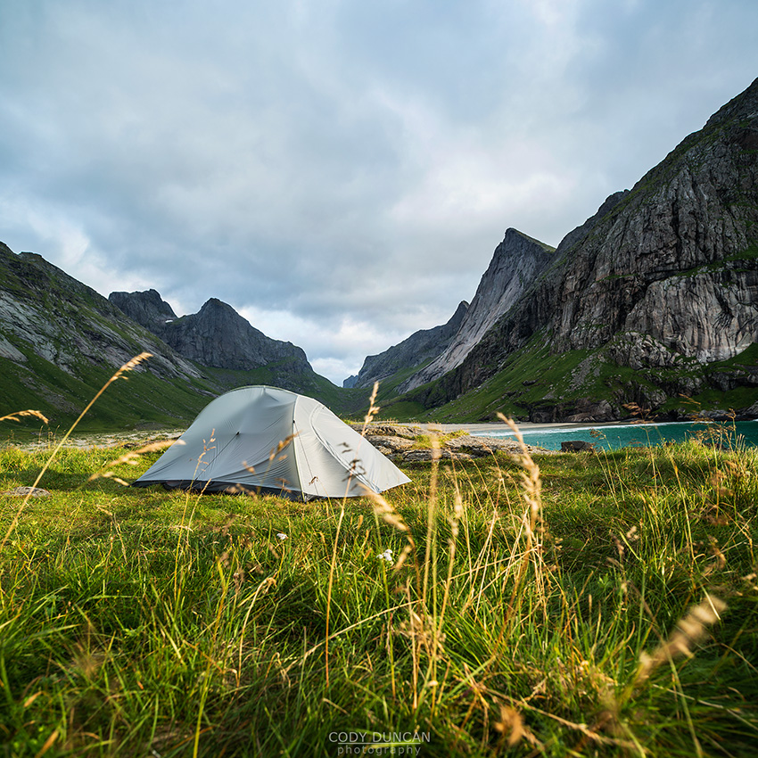 Tent camping at Horseid beach, Lofoten Islands, Norway