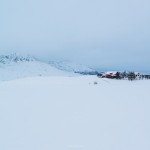 Farm building in snowy winter landscape, Farstad, Vestvågøy, Lofoten Islands, Norway