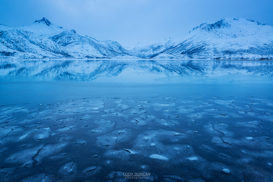 Ice forms on Vatterfjordpollen, Austvågøy, Lofoten Islands, Norway