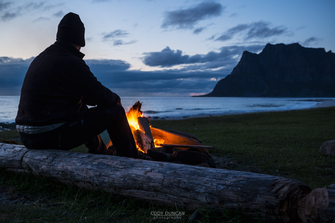 evening campfire at Utakleiv beach, Lofoten Islands, Norway