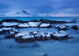Ice coveres coastal rocks, Vik Beach, Vik, Vestvågøy, Lofoten Islands, Norway
