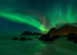 Northern Lights - Aurora Borealis shine in Sky over Uttakleiv beach, Vestvågøy, Lofoten Islands, Norway