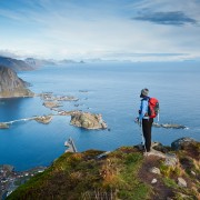 spectacular view over mountains and fjords from Reinebringen, Lofoten islands, Norway