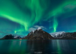 Northern Lights - Aurora Borealis shine in sky over Olstind mountain peak and fjord near Reine, Moskenesøy, Lofoten Islands, Norway