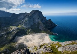 Bunes beach as viewed from Helvetestinden, Moskenesoy, Lofoten Islands, Norway