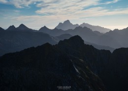 Rugged mountain landscape viewed from summit of Kroktind (707m), Austvagoy, Lofoten Islands, Norway
