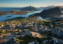 View from rocky summit of Holandsmelen mountain peak, Vestvagoy, Lofoten Islands, Norway