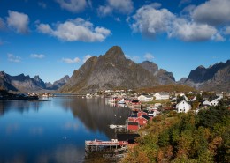 View of small fishing village of Reine on sunny autumn day, Moskenesoy, Lofoten Islands, Norway