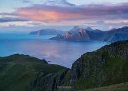 Dramatic coastal mountain landscape viewed from Ryten, Lofoten Islands, Norway