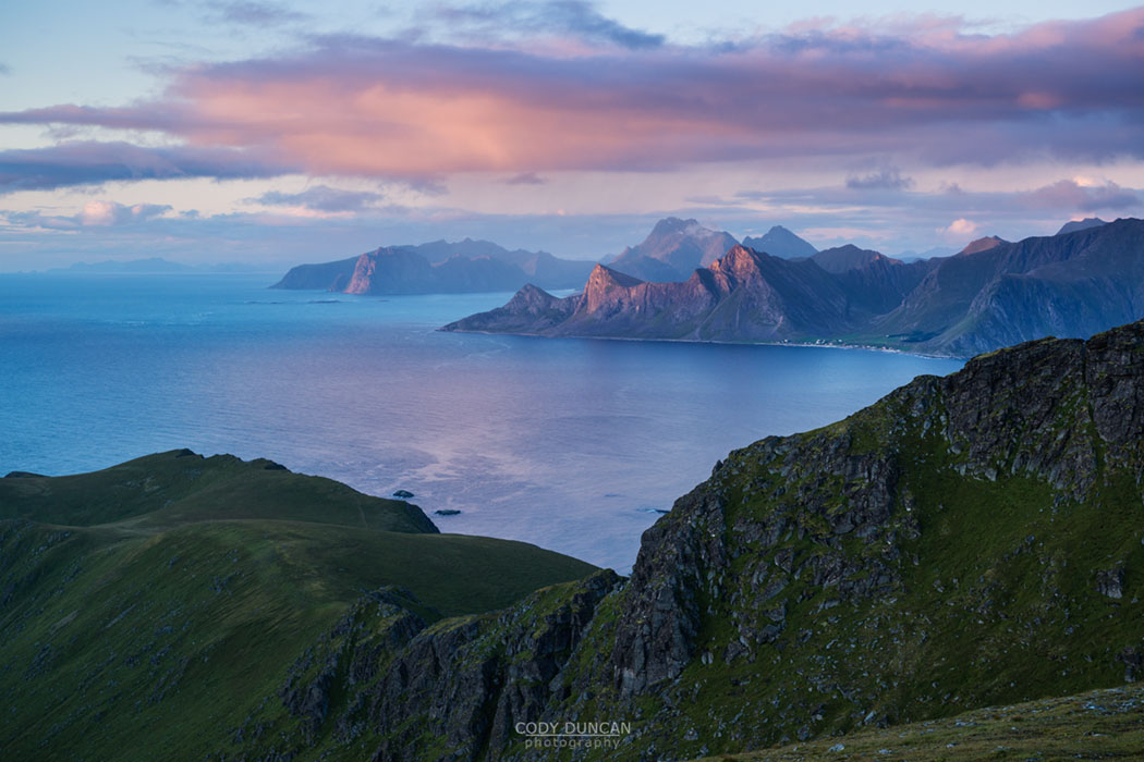Dramatic coastal mountain landscape viewed from Ryten, Lofoten Islands, Norway