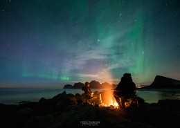 Campfire and Northern Lights, Lofoten Islands, Norway