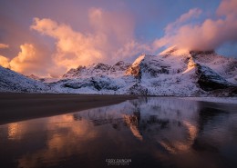 Winter sunrise at bunes beach, Lofoten Islands, Norway