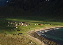 Mountain view over Unstad beach, Vestvågøy, Lofoten Islands, Norway
