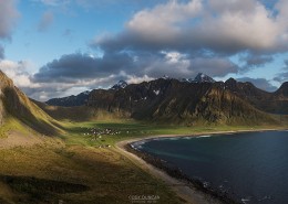 Mountain view over Unstad beach, Vestvågøy, Lofoten Islands, Norway