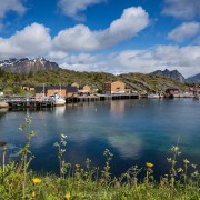 View over harbor towards Stamsund hostel, Stamsund, Vestvågøy, Lofoten Islands, Norway
