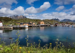 View over harbor towards Stamsund hostel, Stamsund, Vestvågøy, Lofoten Islands, Norway