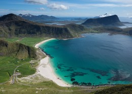 View over Haukland beach from summit of Mannen, Vestvågøy, Lofoten Islands, Norway