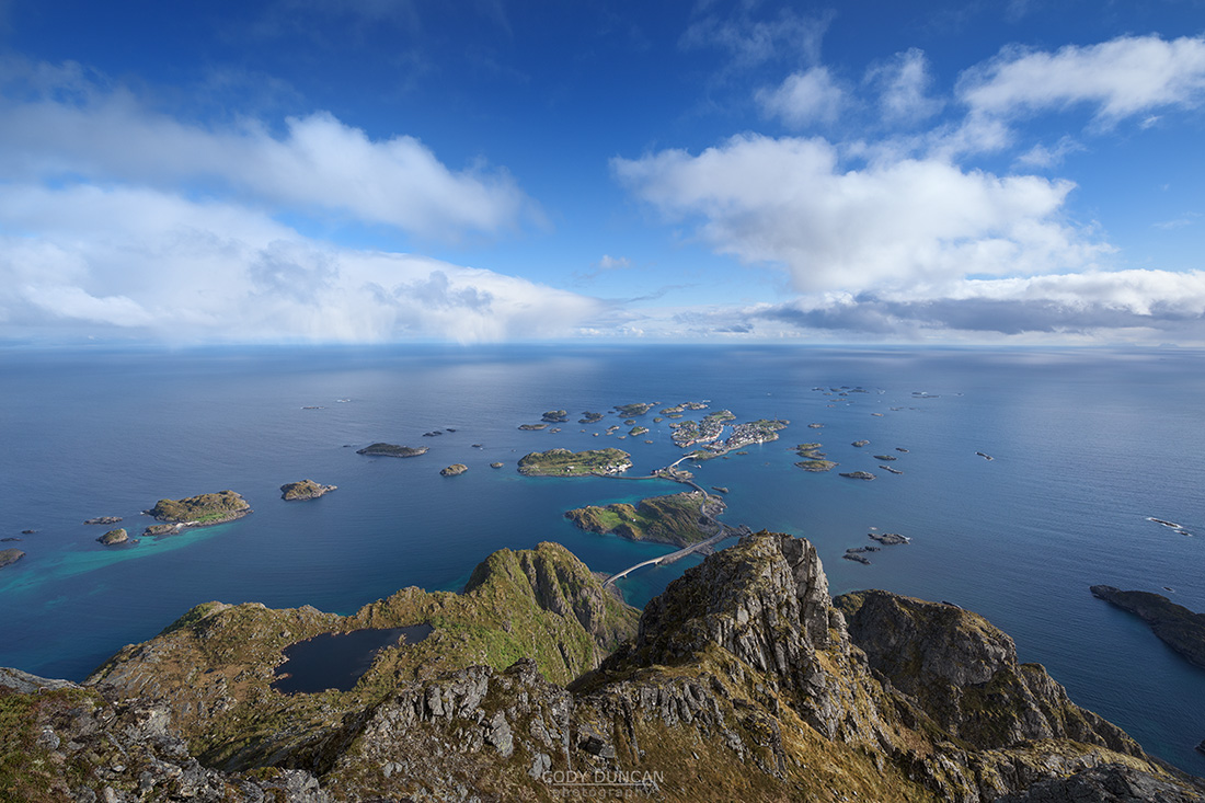 View over Henningsvær from summit of Festvågtind, Austvågøy, Lofoten Islands, Norway