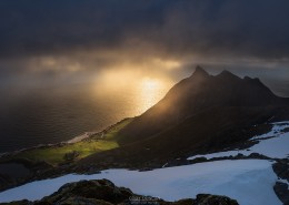 Mountain landscapes from the summit of Hustind, Flakstadøy, Lofoten Islands, Norway