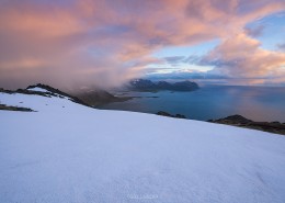 Mountain landscapes from the summit of Hustind, Flakstadøy, Lofoten Islands, Norway