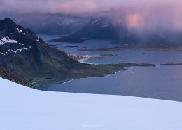 Mountain landscapes from the summit of Hustind, Flakstadøy, Lofoten Islands, Norway