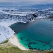 Haukland beach in summer and winter, Lofoten Islands, Noway
