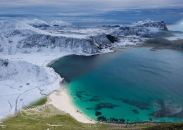 Haukland beach in summer and winter, Lofoten Islands, Noway