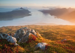 View over Nappstraumen from summit of Offersøykammen, Vestvågøya, Lofoten Islands, Norway