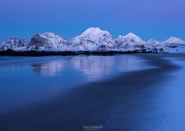 Winter twilight at Storsandnes beach, Flakstadøy, Lofoten Islands, Norway