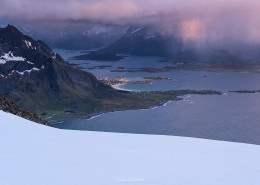 Mountain landscapes from the summit of Hustind, Flakstadøy, Lofoten Islands, Norway
