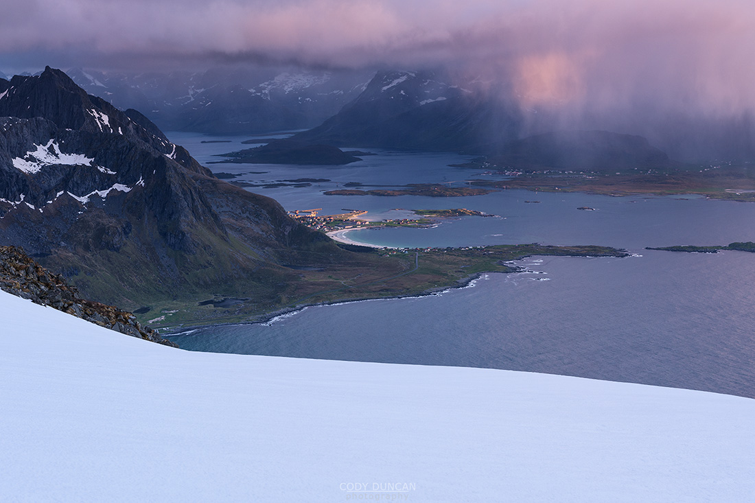 Mountain landscapes from the summit of Hustind, Flakstadøy, Lofoten Islands, Norway