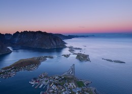 Evening twilight over Reine from summit of Reinebringen, Moskenesoy, Lofoten Islands, Norway