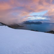 Mountain landscapes from the summit of Hustind, Flakstadøy, Lofoten Islands, Norway