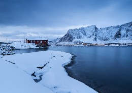 orbu cabins in winter, Toppøy, Reine Moskenesøy, Lofoten Islands, Norway