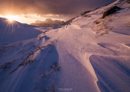 Winter sunrise over mountain landscape, Moskenesøy, Lofoten Islands, Norway